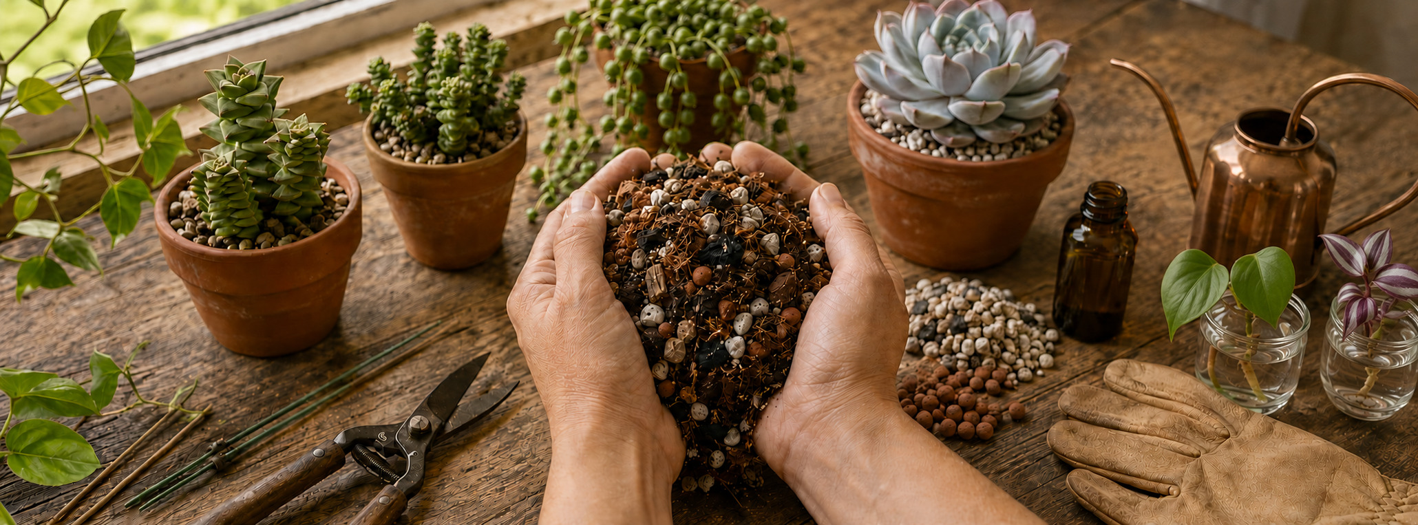 Bare hands holding chunky soil beside specialty succulents, mineral rock and LECA